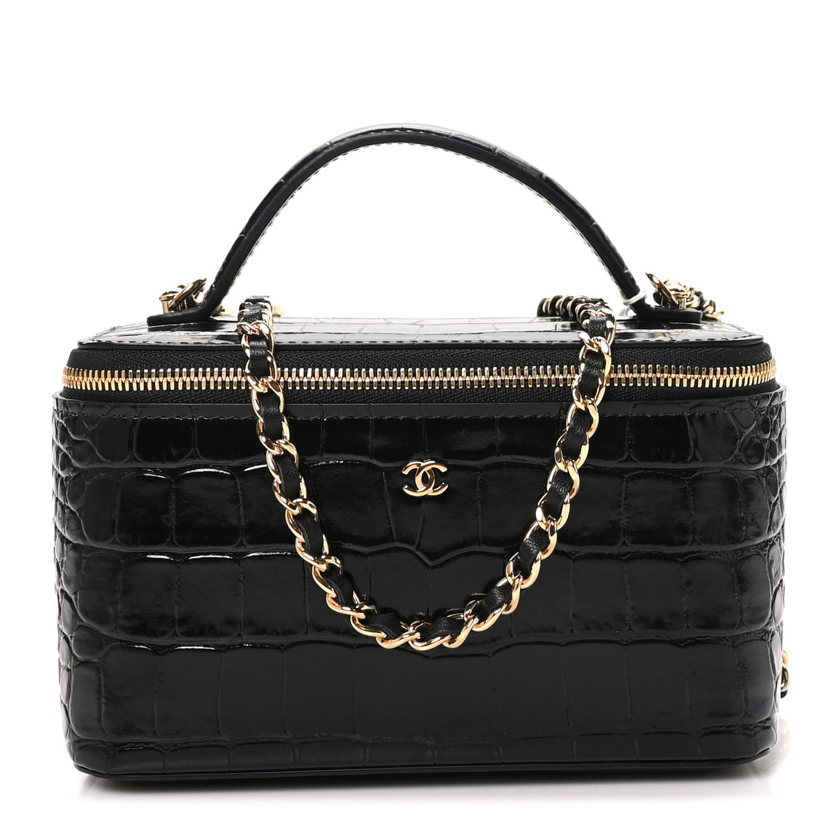 Chanel Calfskin Crocodile Embossed Crococo Small Top Handle Vanity Case With Chain Black 1 of 12