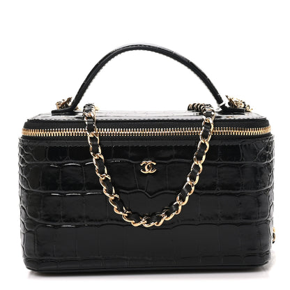 Chanel Calfskin Crocodile Embossed Crococo Small Top Handle Vanity Case With Chain Black 1 of 12