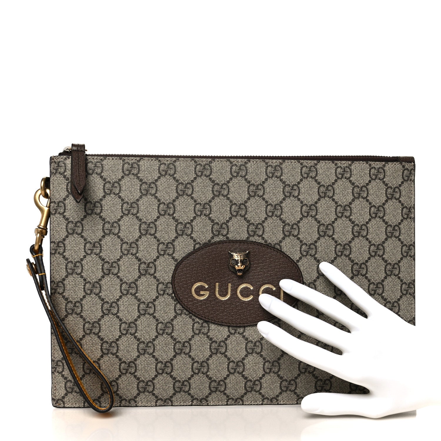Gucci GG Supreme Monogram Neo Vintage Zip Wristlet Pouch Beige New 