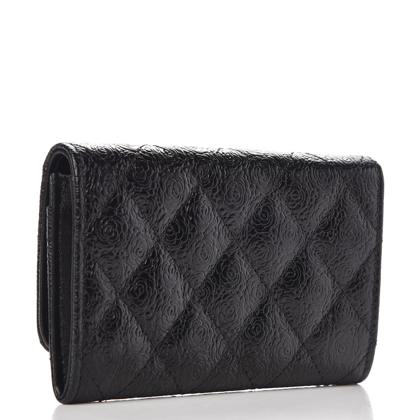 Calfskin Camellia Embossed Quilted Card Holder Black