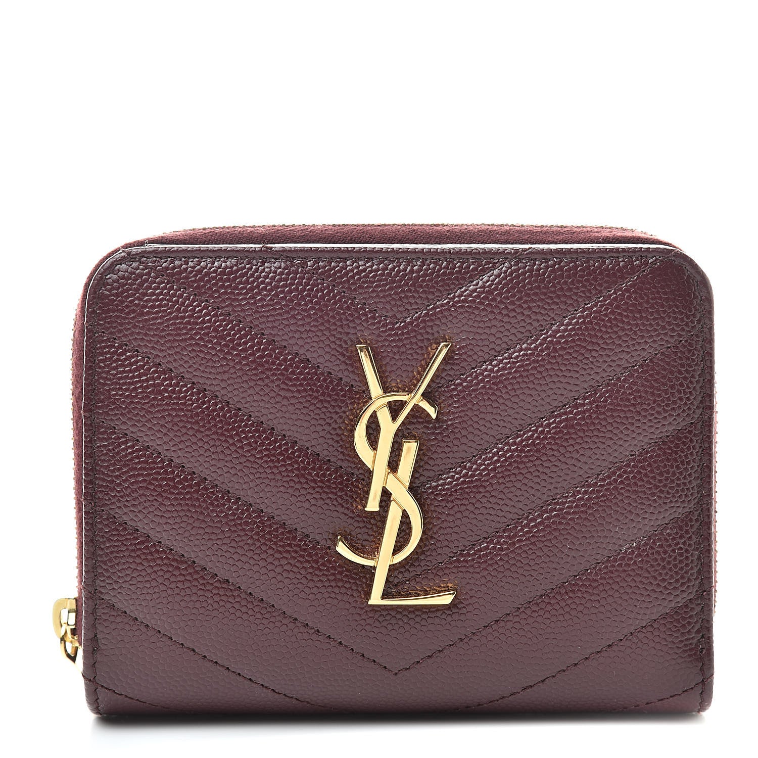 Saint Laurent Grain De Poudre Matelasse Chevron Monogram Compact Zip Around Wallet Rouge Legion 1 of 9