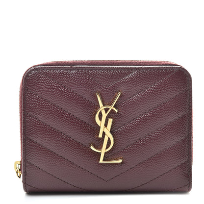 Saint Laurent Grain De Poudre Matelasse Chevron Monogram Compact Zip Around Wallet Rouge Legion 1 of 9