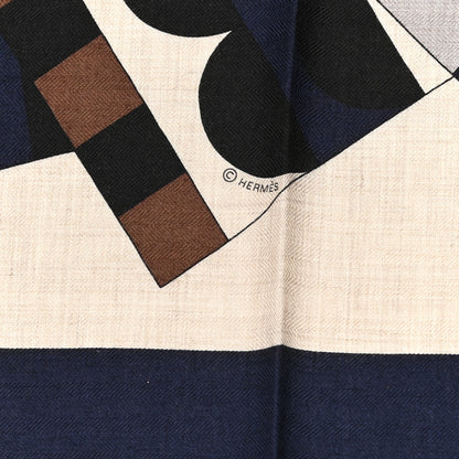 Hermes Cashmere Silk Cheval De Fete Shawl 140 Naturel Marine Moutarde 3 of 6