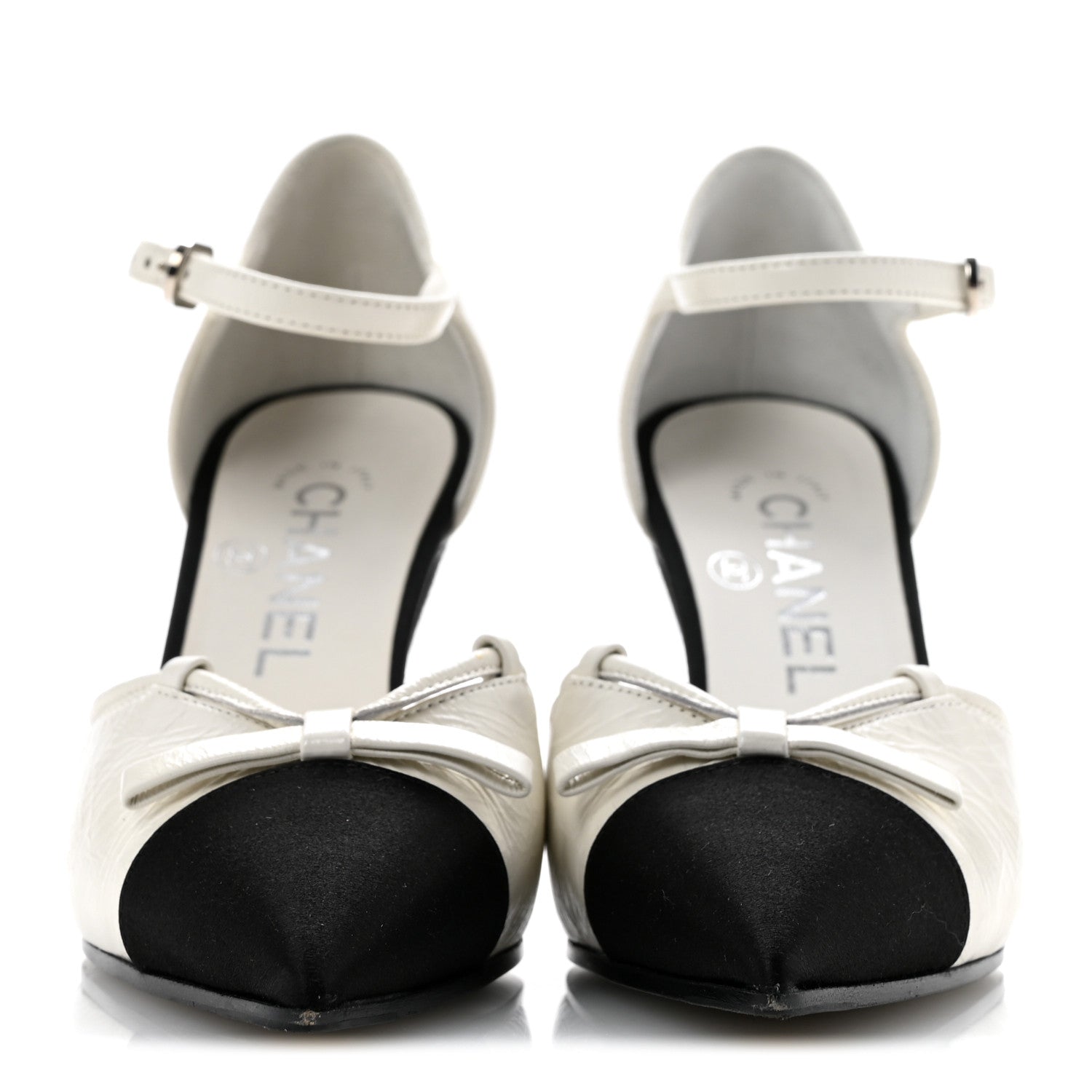 Chanel Crumpled Calfskin Satin Cap Toe CC Pumps 36 White Black
