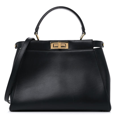 Fendi Vitello Morgan Fabric Jacquard Pequin Medium Peekaboo Iconic Satchel Black Tobacco 1 of 15
