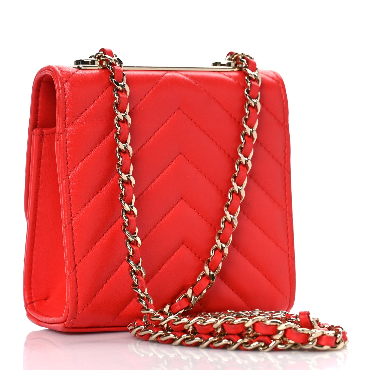 Chanel Lambskin Chevron Quilted Mini Trendy CC Chain Wallet Red 3 of 9