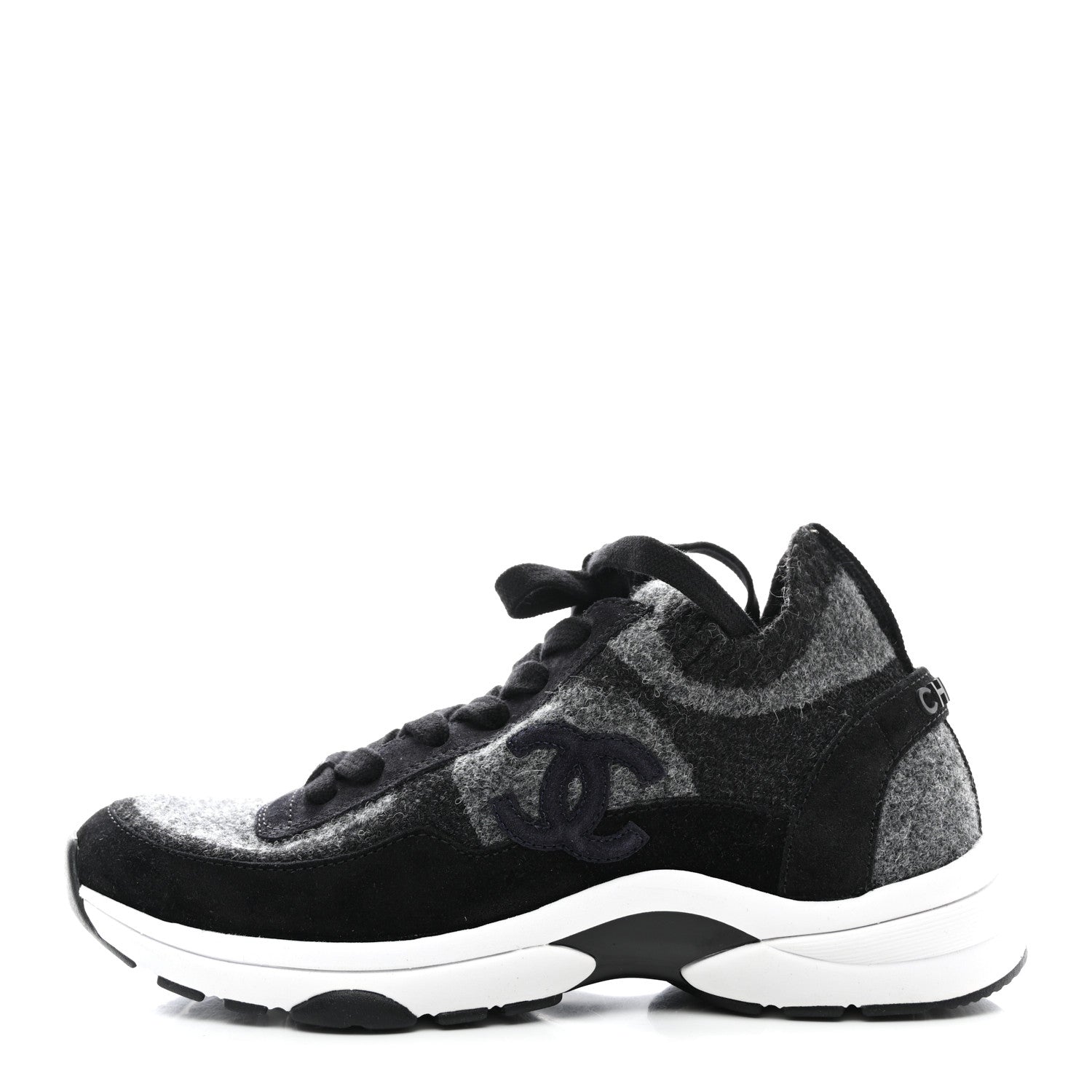 Chanel Knit Fabric Suede Calfskin Womens CC Sneakers 37 Grey Black 1 of 9
