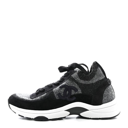Chanel Knit Fabric Suede Calfskin Womens CC Sneakers 37 Grey Black 1 of 9