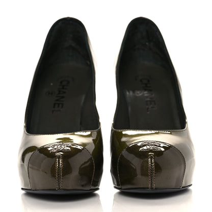 Chanel Calfskin Patent Cap Toe Platform CC Pumps 37 Dark Silver 2 of 7
