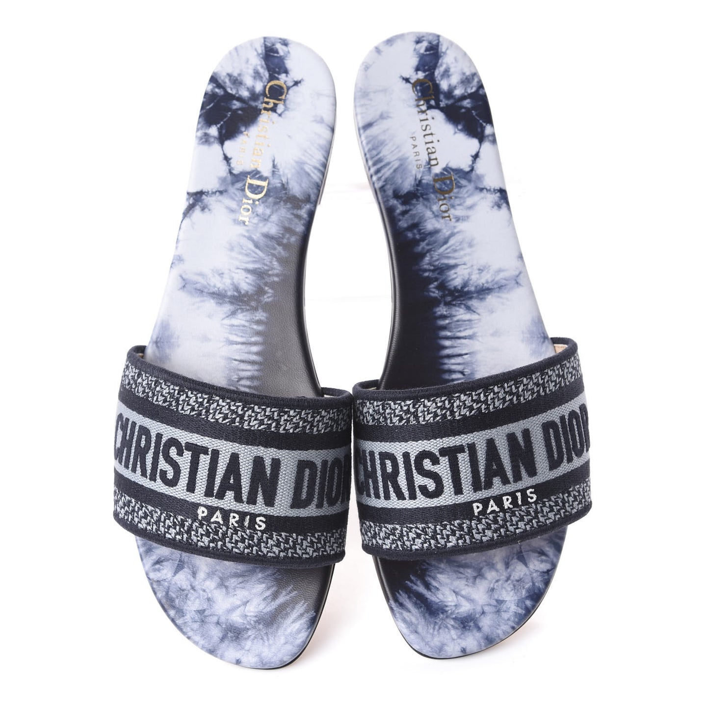 Canvas Tie and Dior Embroidered Dway Flat Slide Sandals 39.5 Denim