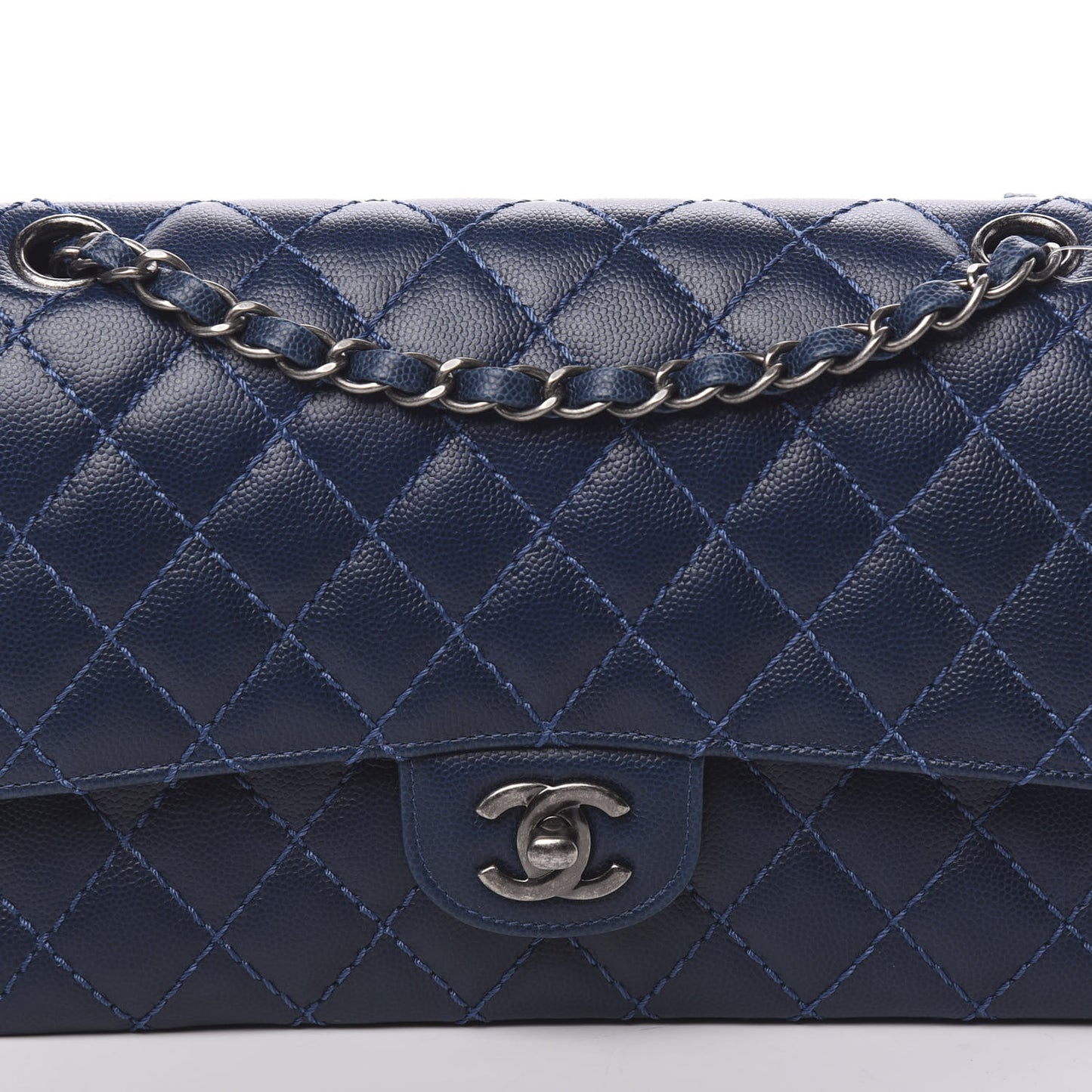 Caviar Quilted Medium Double Flap Dark Blue