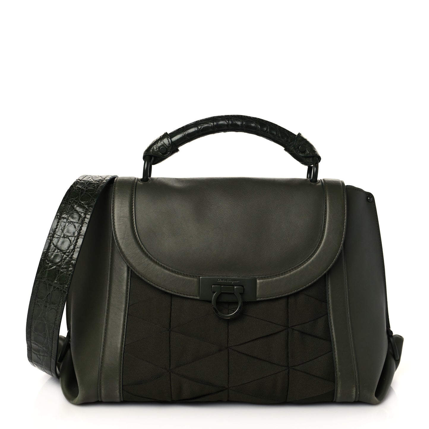 Calfskin Alligator Pleated Soft Sofia Satchel Green