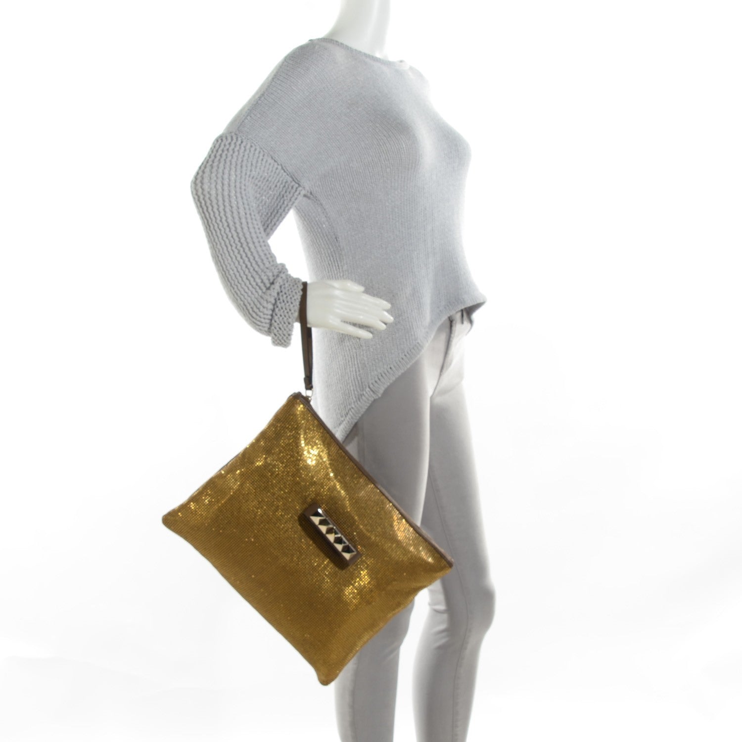 Valentino Garavani Metallic Mesh Vitello Rockstud Clutch Gold Dark Brown 2 of 6