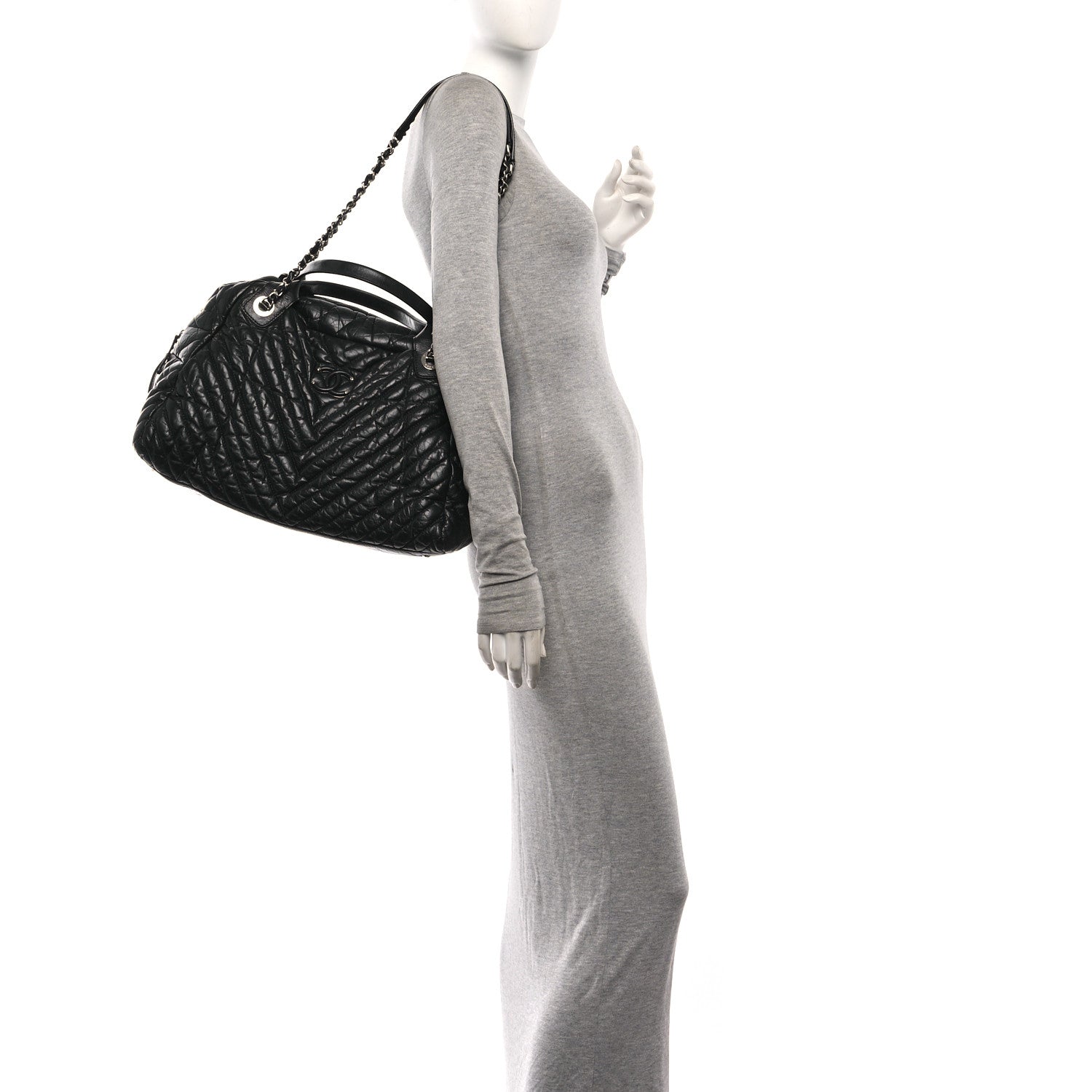 Chanel Aged Calfskin Chevron Large Soft Bowling Bag Black 2 of 10