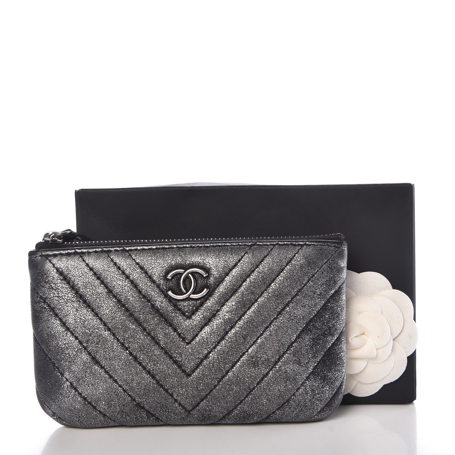 Chanel Iridescent Calfskin Chevron Quilted Small Cosmetic Case Grey 9 of 9