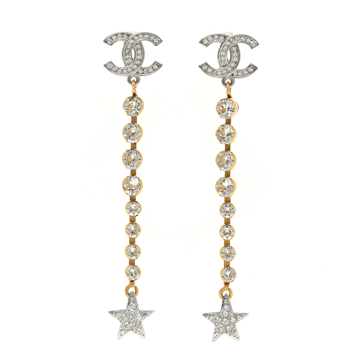 Crystal Drop Long CC Earrings Silver Gold