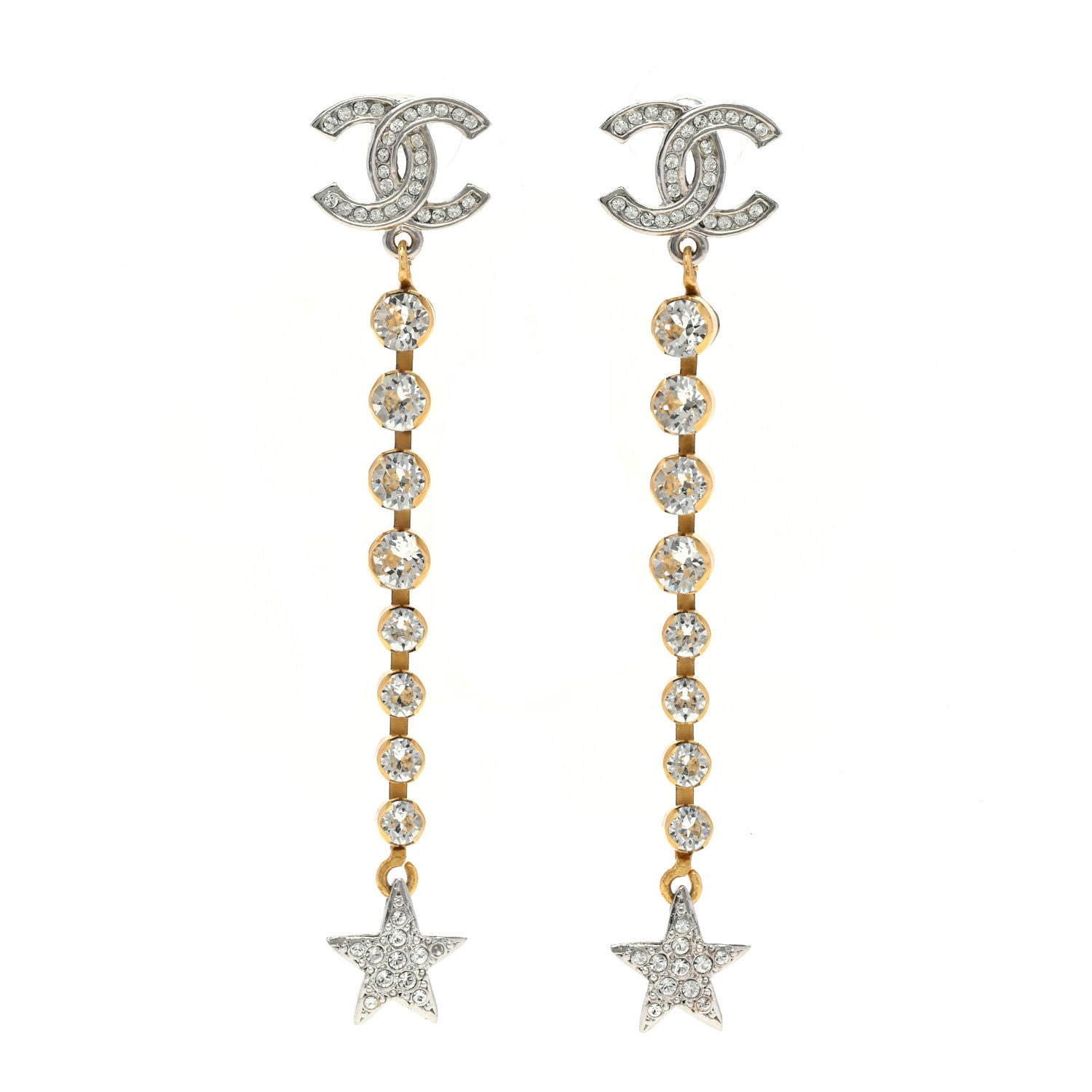 Chanel Crystal Drop Long CC Earrings Silver Gold 1 of 5
