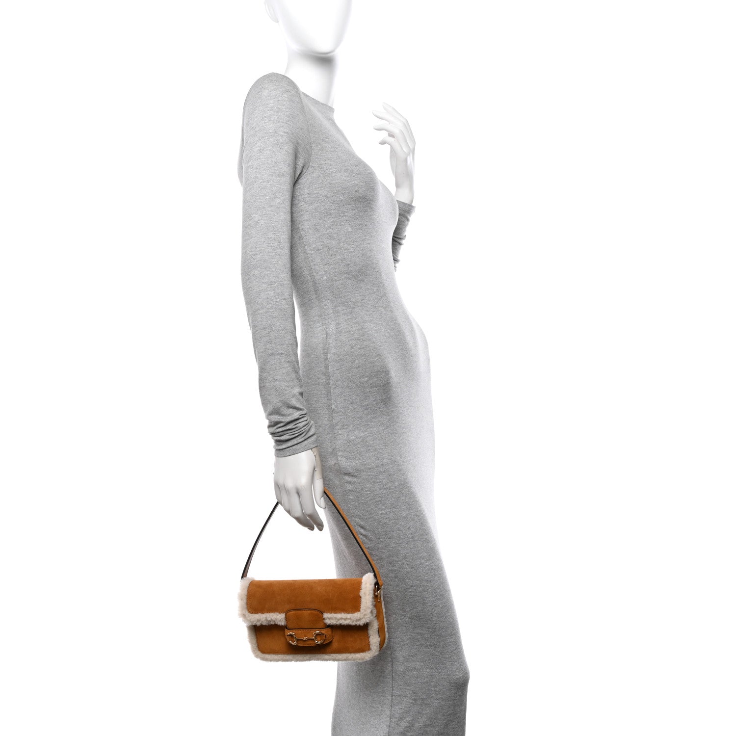 Gucci Suede Shearling Horsebit Mini 1955 Shoulder Bag Honey Beige Milk 2 of 10