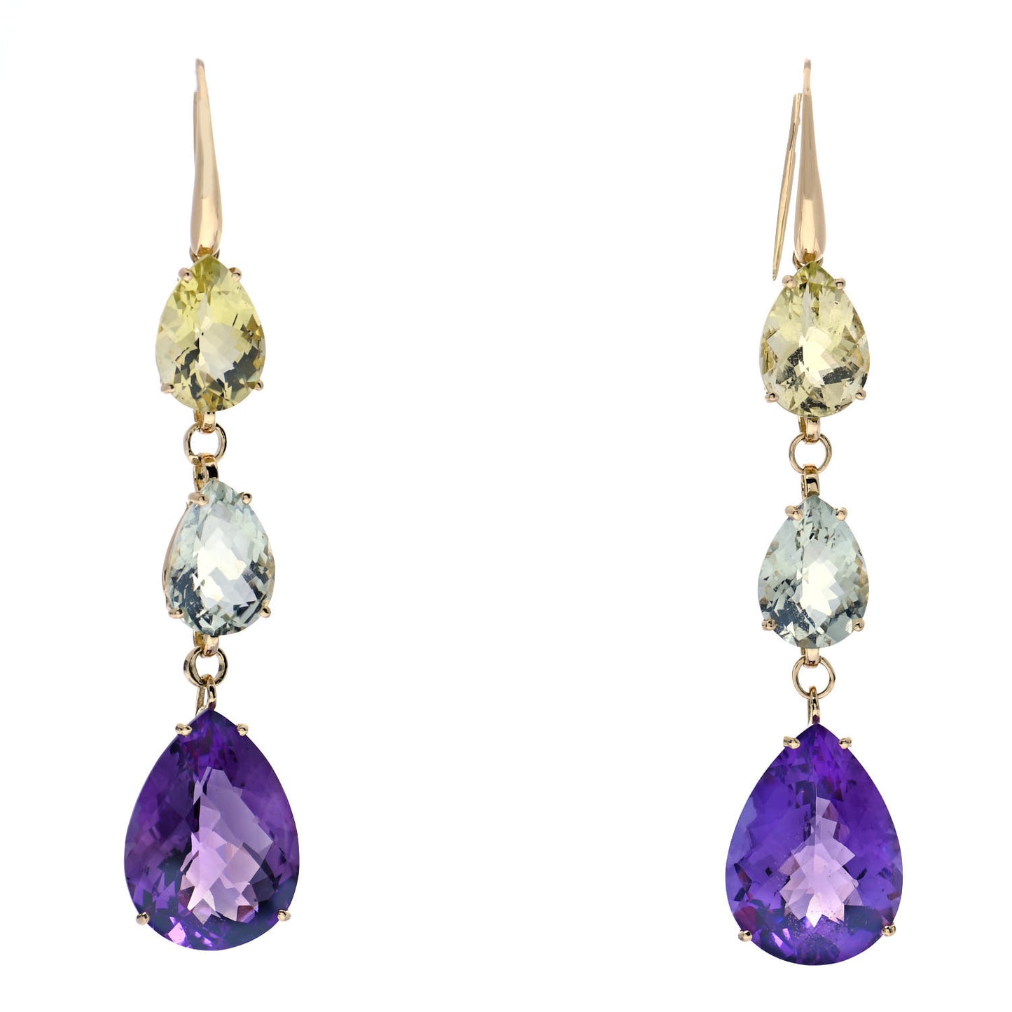 18K Yellow Gold Amethyst Citrine Prasiolite Drop Earrings
