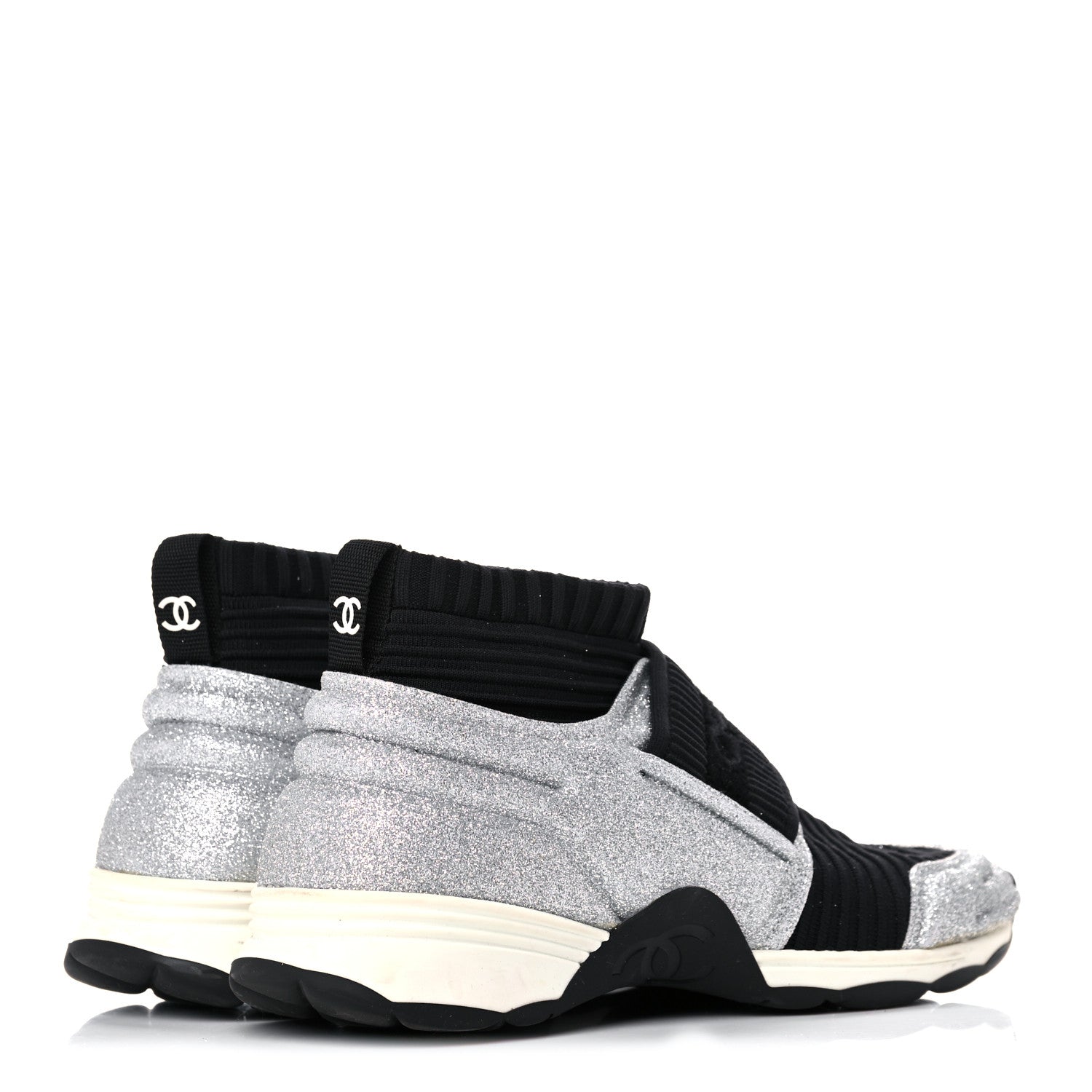 Chanel Glitter Stretch Fabric CC Sneakers 36.5 Black Silver 4 of 16