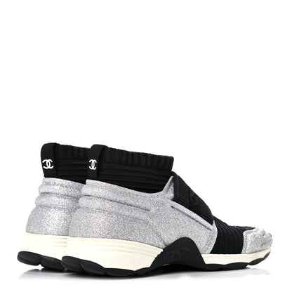 Chanel Glitter Stretch Fabric CC Sneakers 36.5 Black Silver 4 of 16