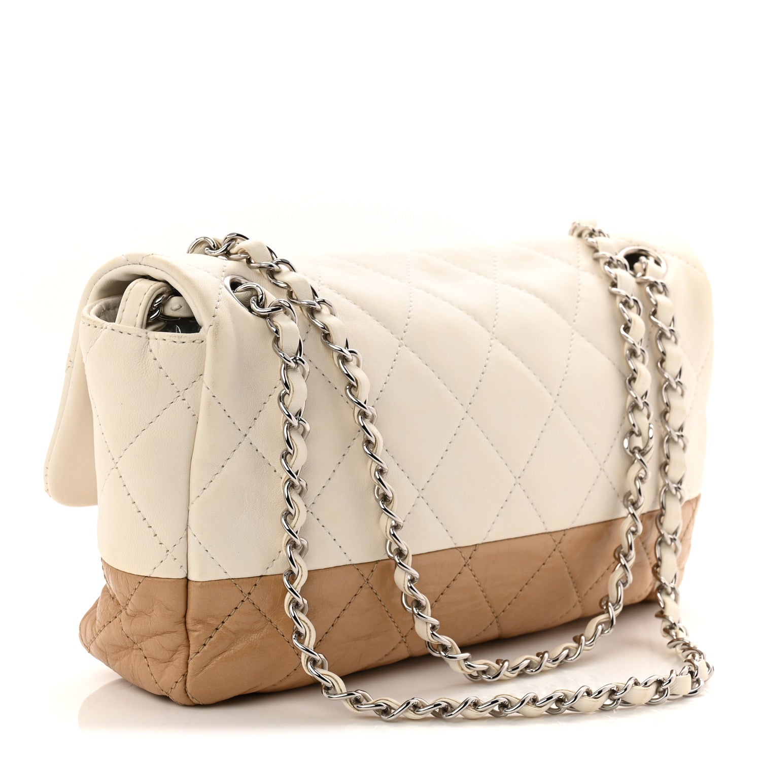 Chanel Lambskin Quilted Bi-Color Medium Single Flap White Beige