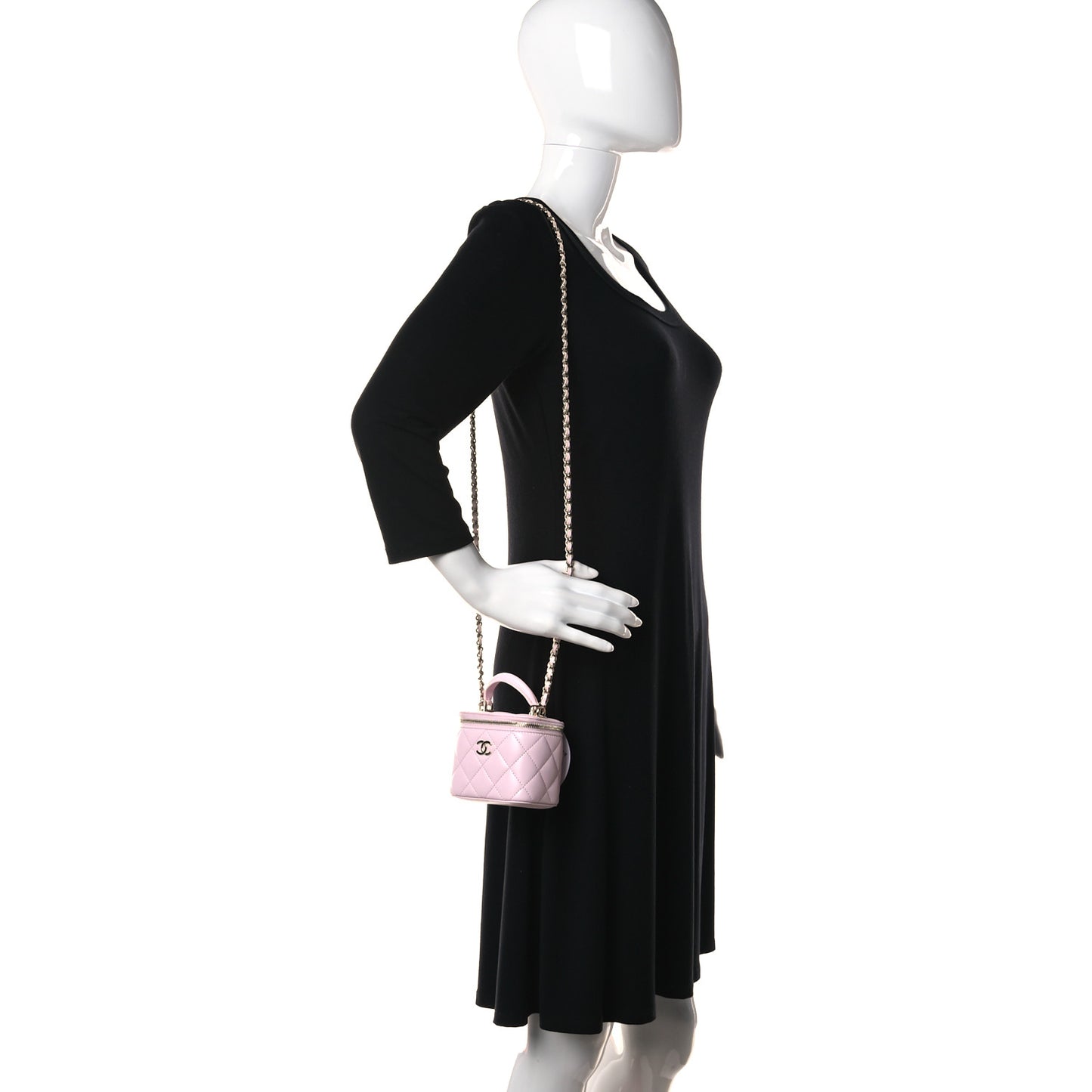 Lambskin Quilted Mini Top Handle Vanity Case With Chain Light Pink