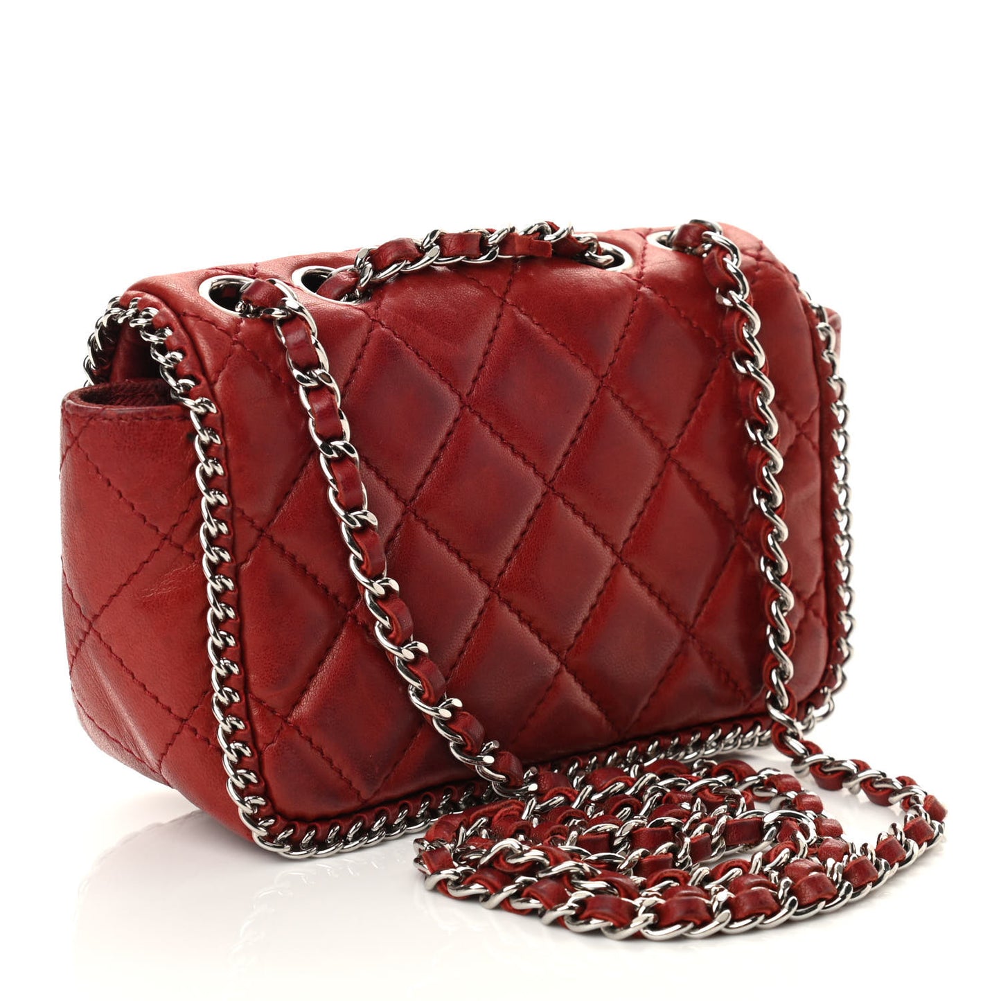 Lambskin Quilted Madison Chain Trim Micro Mini Square Flap Dark Red