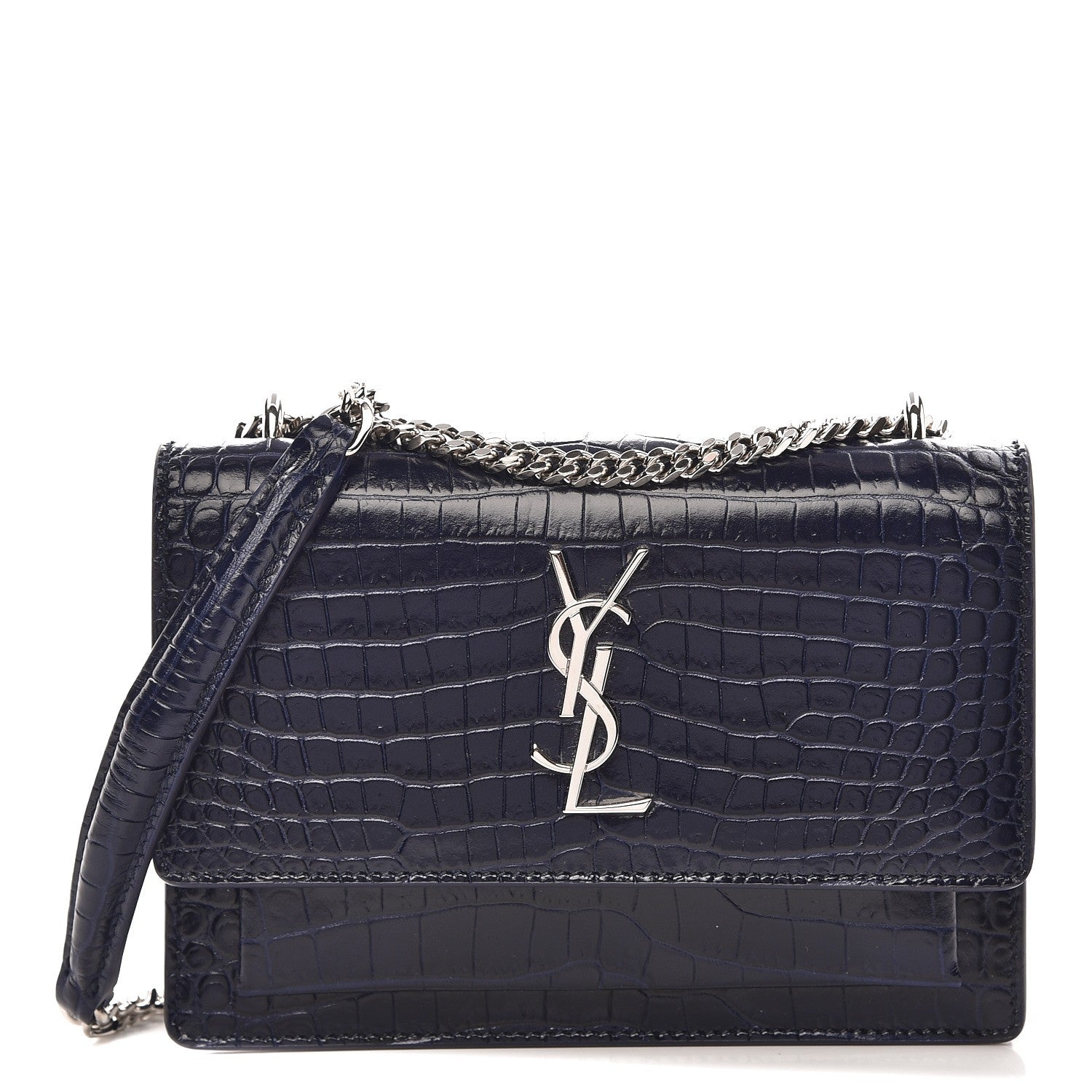 Saint Laurent Calfskin Crocodile Embossed Monogram Sunset Chain Wallet Navy 1 of 8