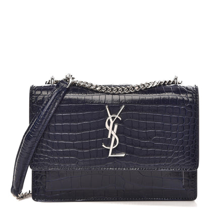 Saint Laurent Calfskin Crocodile Embossed Monogram Sunset Chain Wallet Navy 1 of 8