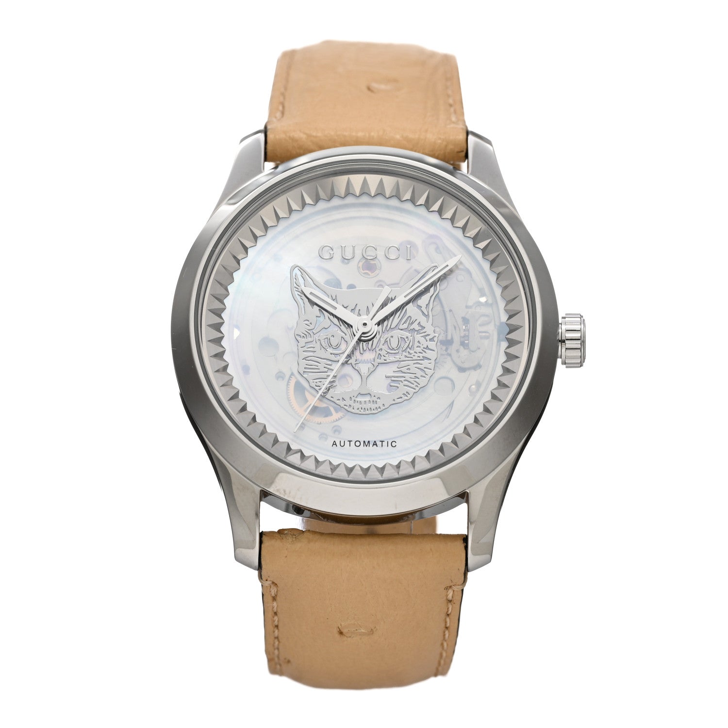 Gucci Stainless Steel Ostrich Mother of Pearl 38mm G-Timeless Cat Automatic Watch 1 of 4