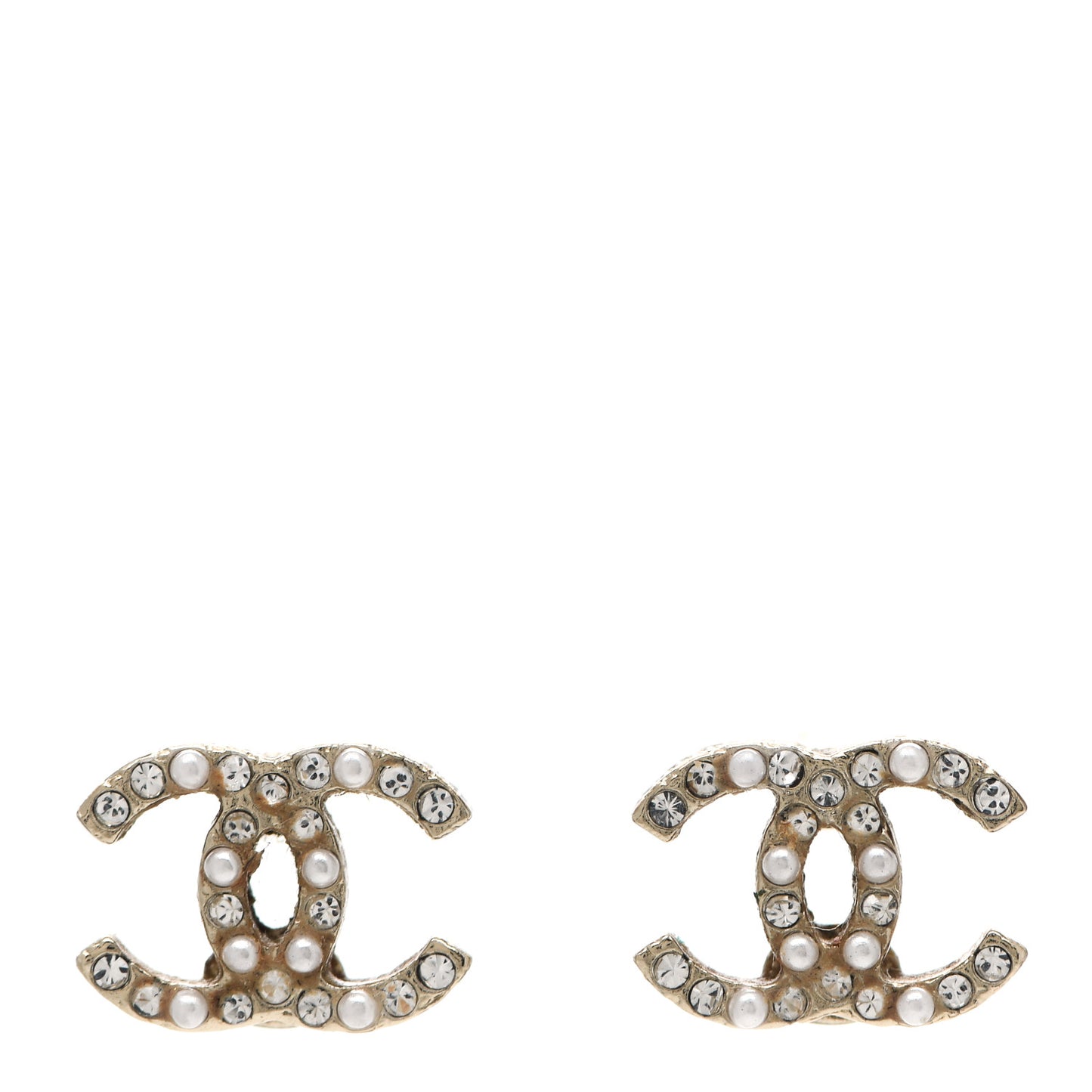 Pearl Crystal CC Charms Stud Earrings Light Gold