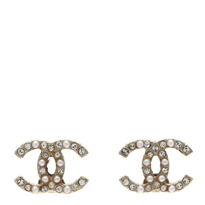 Chanel Pearl Crystal CC Charms Stud Earrings Light Gold 1 of 4