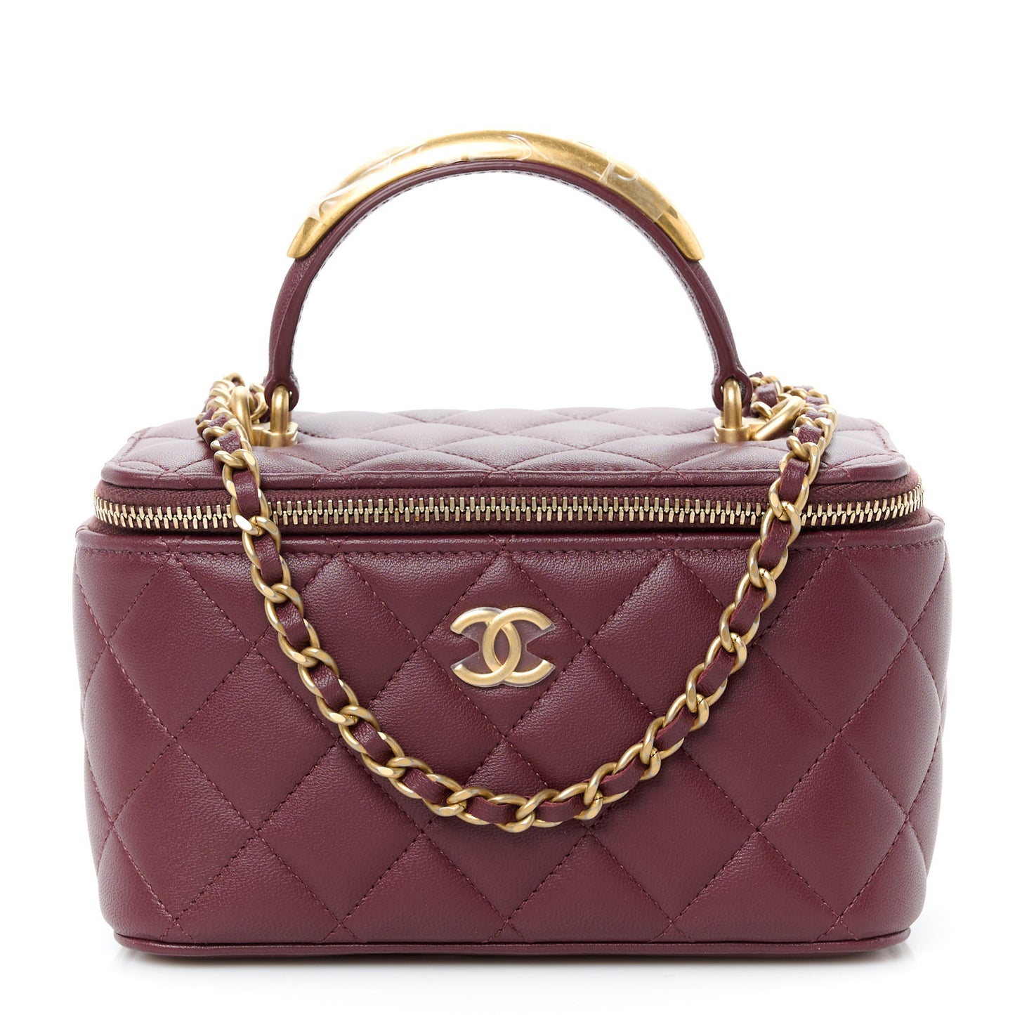 Lambskin Quilted Metal Small Top Handle Vanity Case With Chain Burgundy