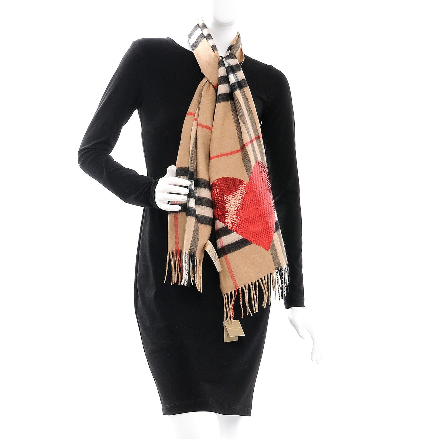Cashmere Sequin Giant Check Heart Fringe Scarf Camel Red
