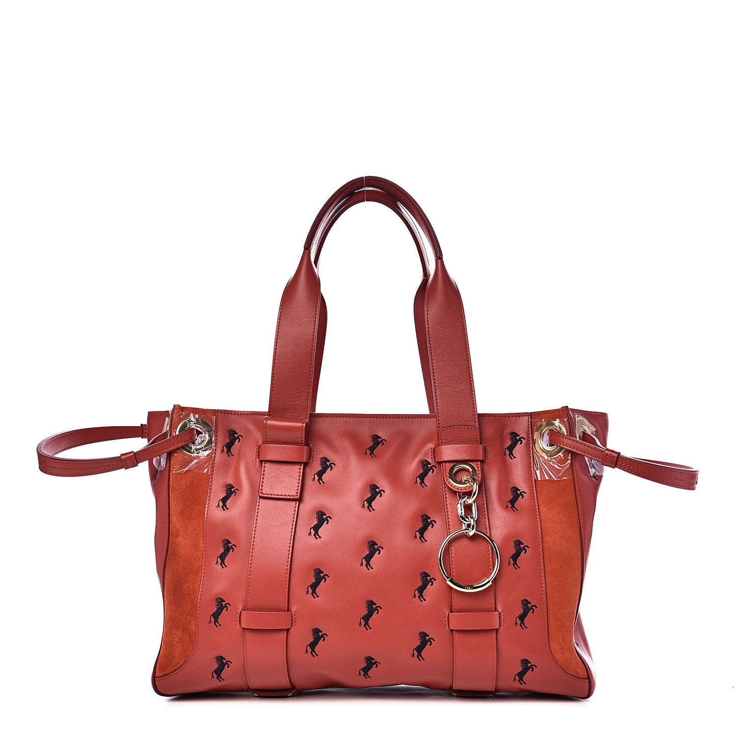 Smooth Calfskin Little Horses Embroidered Tao Zipped Tote Earthy Red