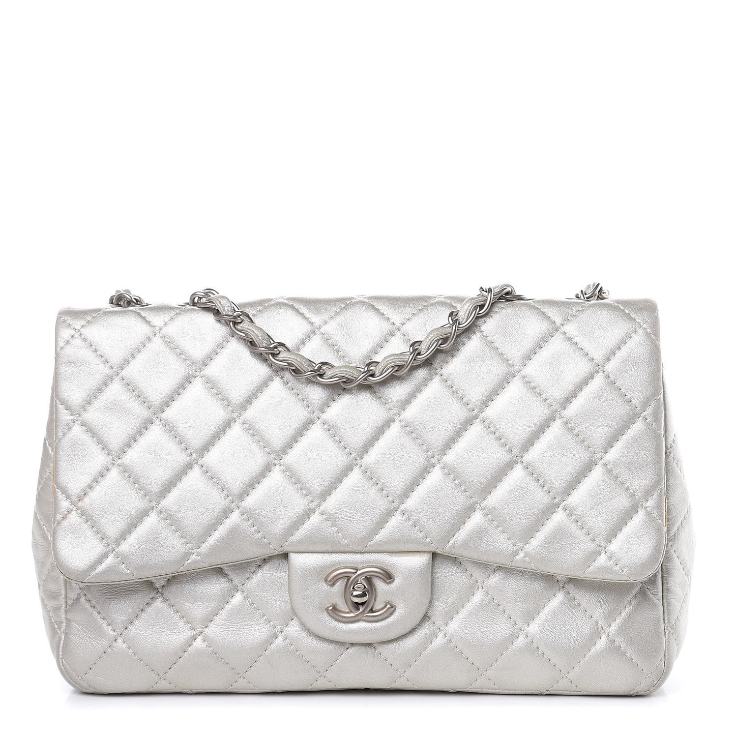 Metallic Lambskin Quilted Jumbo Single Flap Silver