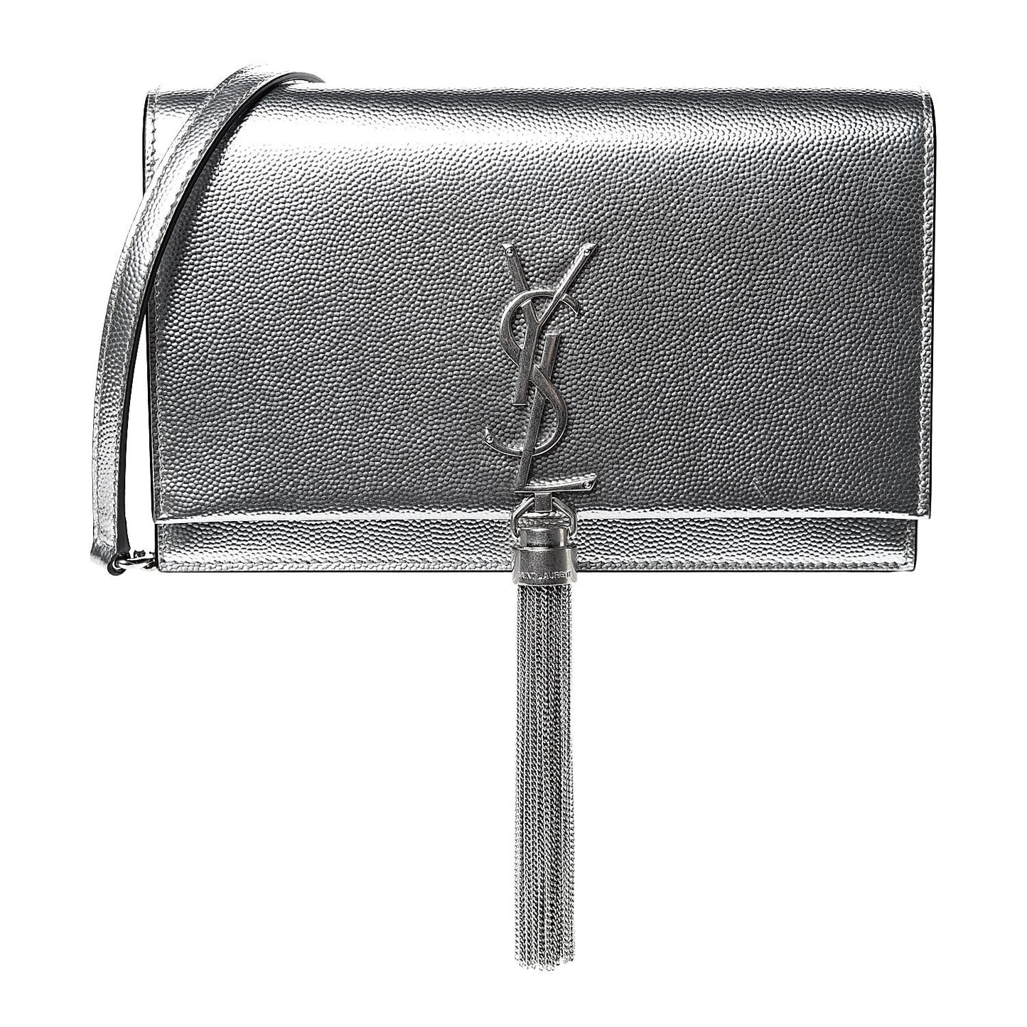 Metallic Grain De Poudre Kate Monogram Tassel Chain Wallet Silver