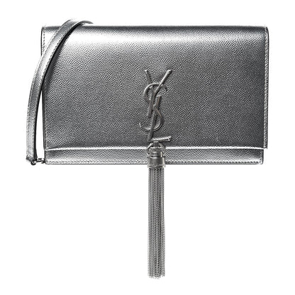 Saint Laurent Metallic Grain De Poudre Kate Monogram Tassel Chain Wallet Silver 1 of 10