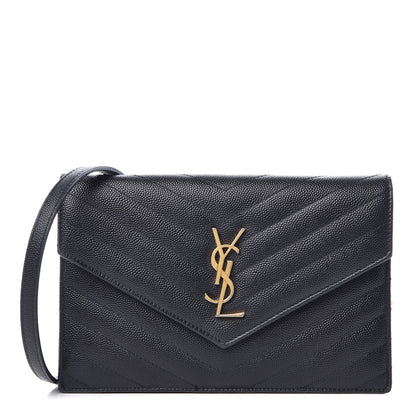 Saint Laurent Grain De Poudre Matelasse Chevron Monogram Envelope Chain Wallet Black 1 of 9