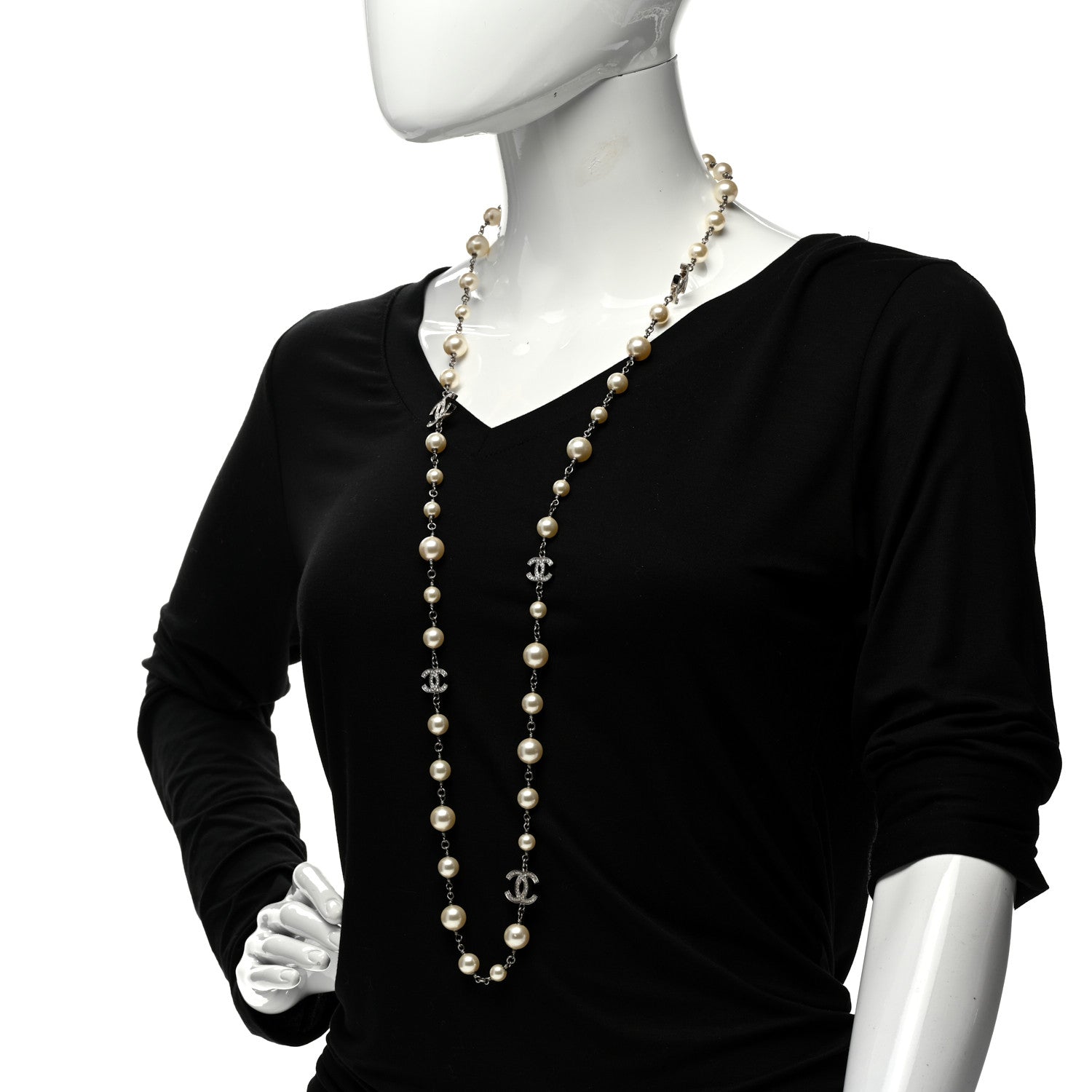 Chanel Graduated Pearl Crystal CC Long Necklace Silver 2 of 6