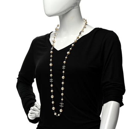 Chanel Graduated Pearl Crystal CC Long Necklace Silver 2 of 6