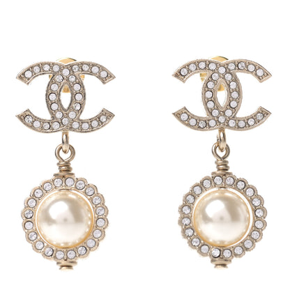Chanel Crystal Pearl CC Lace Camellia Earrings Gold 1 of 4