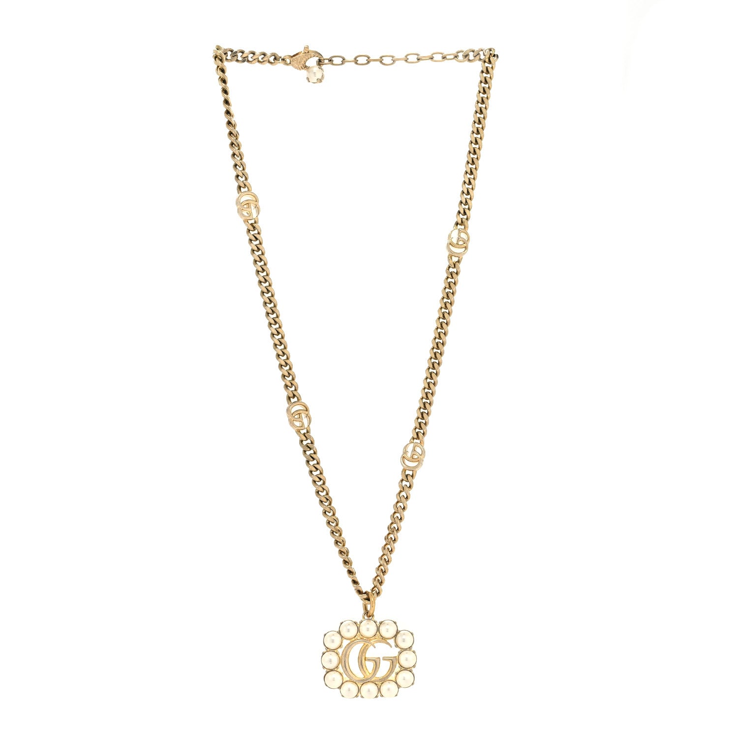 Gucci Pearl Embellished Double G Necklace Aged Gold 3 of 5