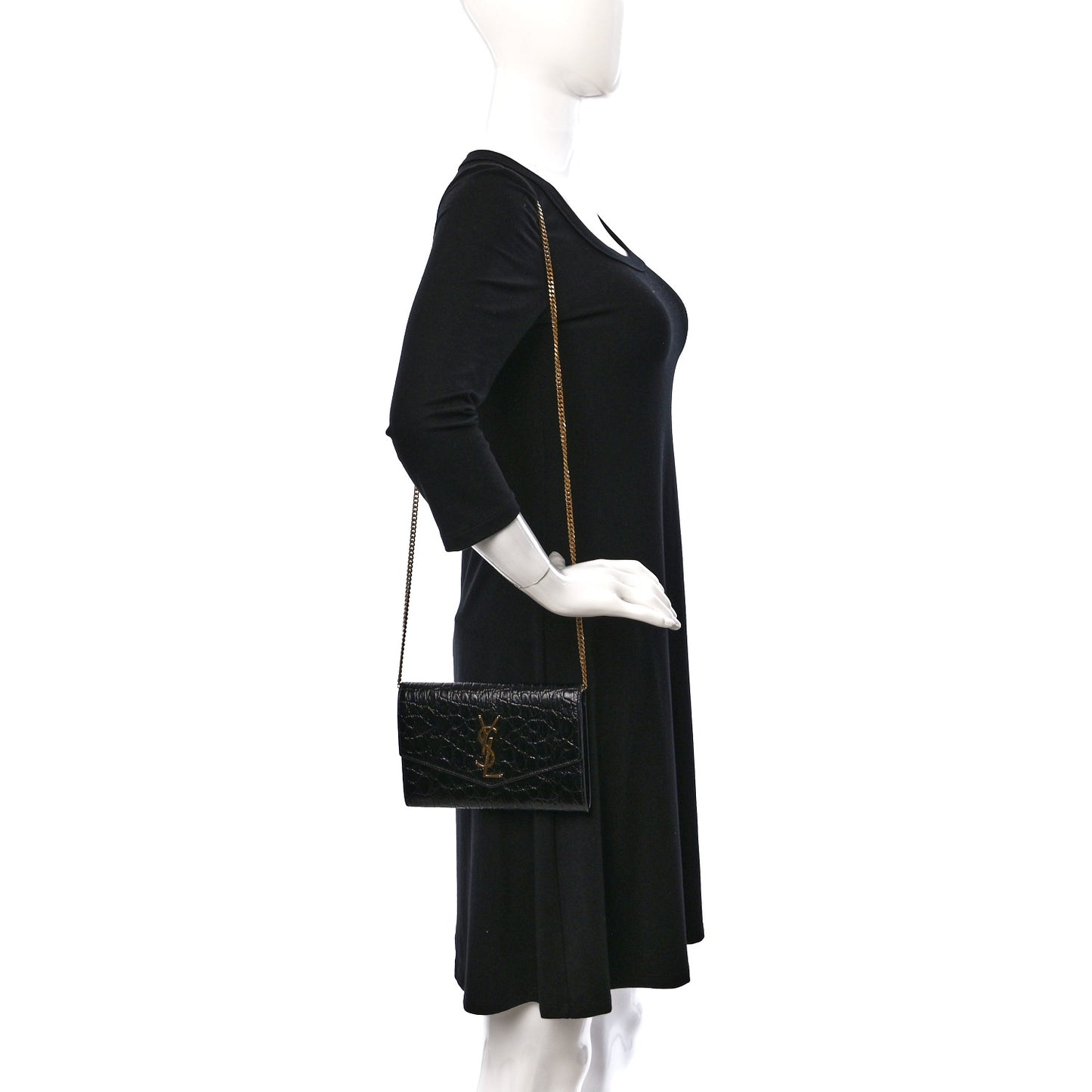 Calfskin Crocodile Embossed Monogram Uptown Chain Wallet Black