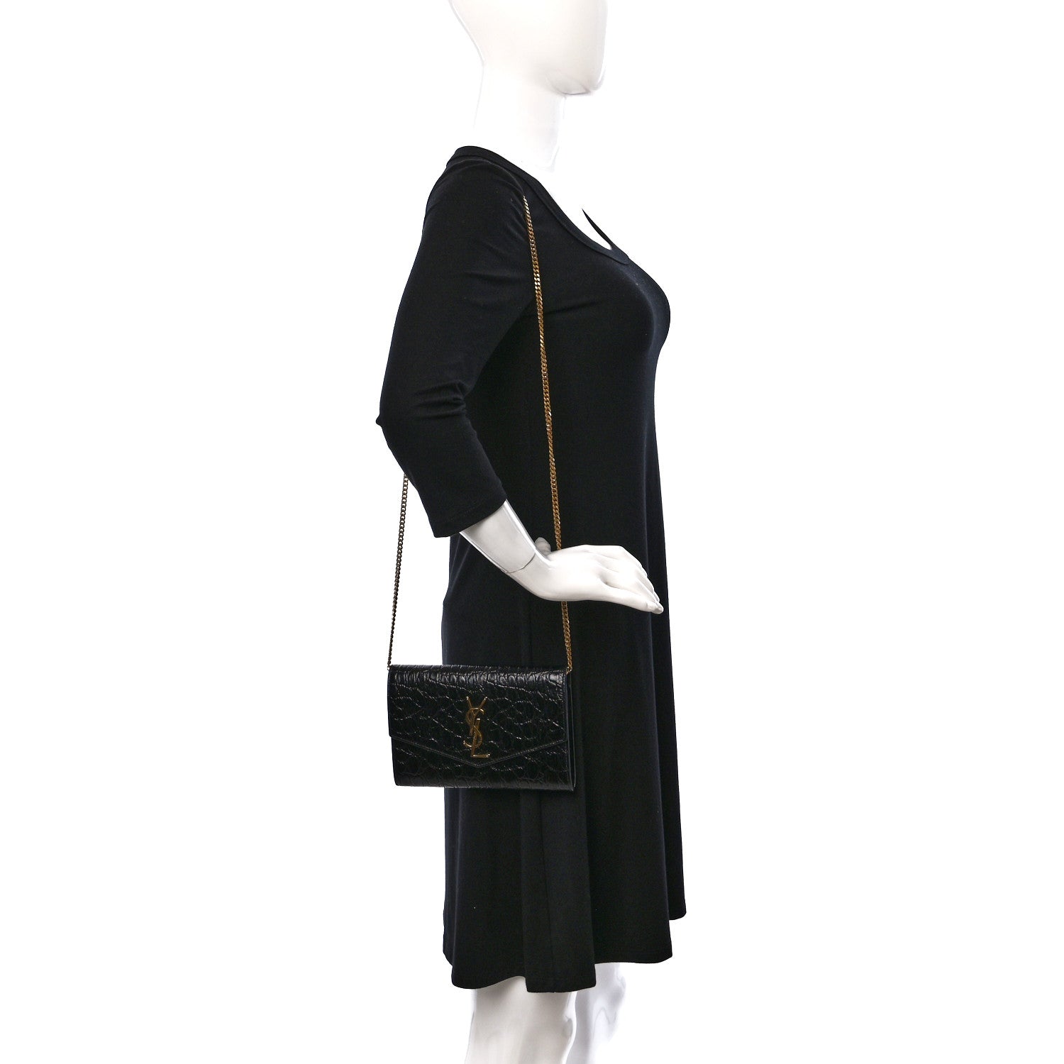 Saint Laurent Calfskin Crocodile Embossed Monogram Uptown Chain Wallet Black 2 of 11