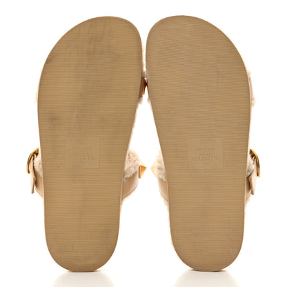 Valentino Garavani Shearling Roman Stud Slide Sandals 38.5 Sahara Beige 6 of 7