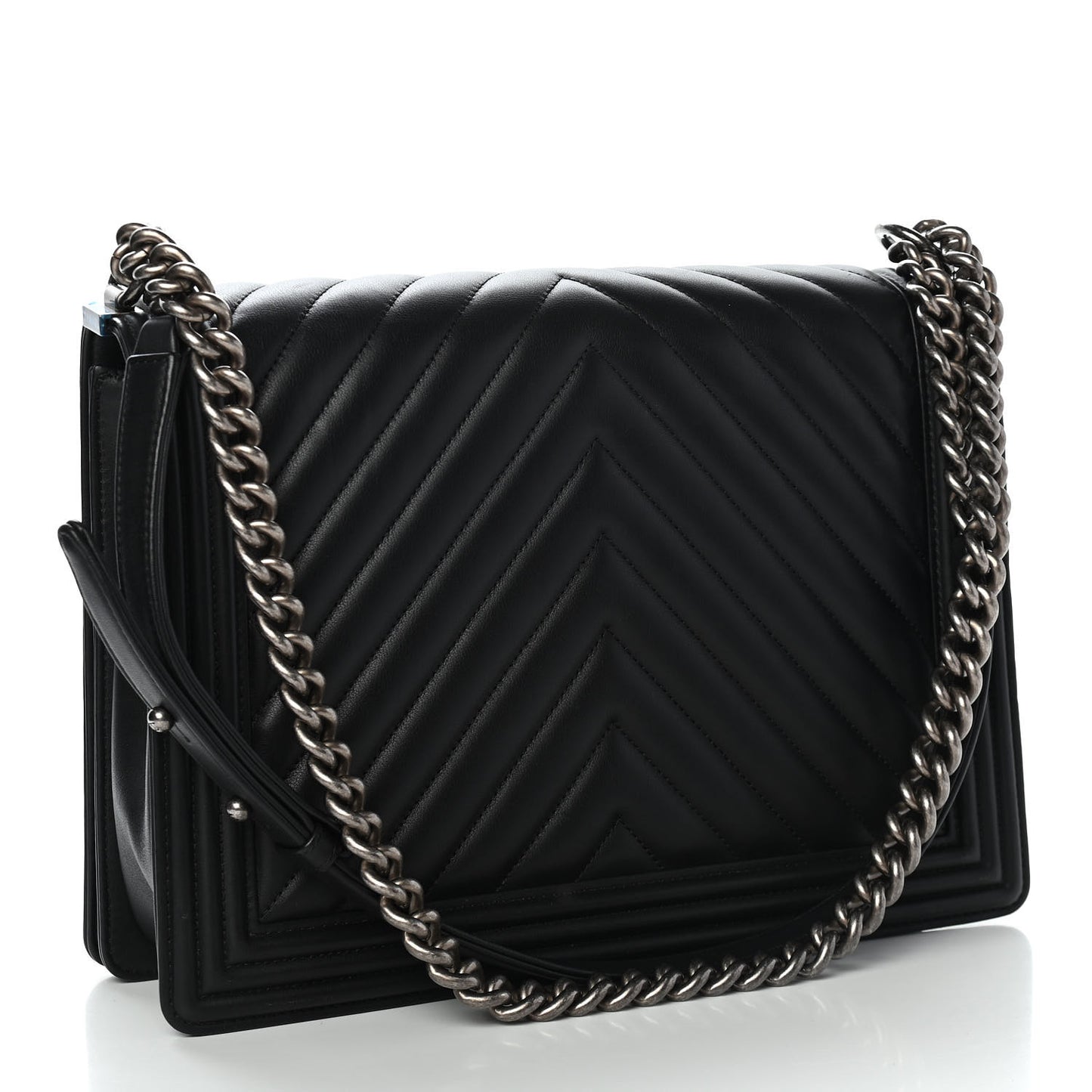 Calfskin Chevron Quilted Large Boy Flap Black