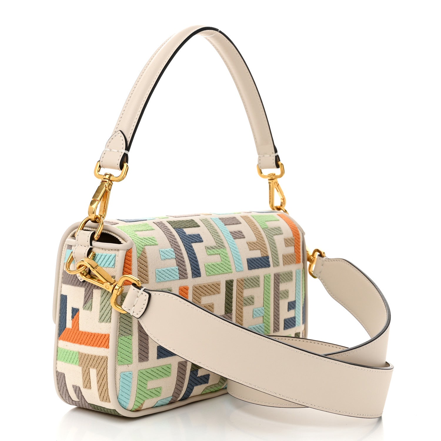 Fendi Canvas Vitello Seta FF Multicolor Embroidered Baguette Grezzo Multicolor Latte 3 of 10