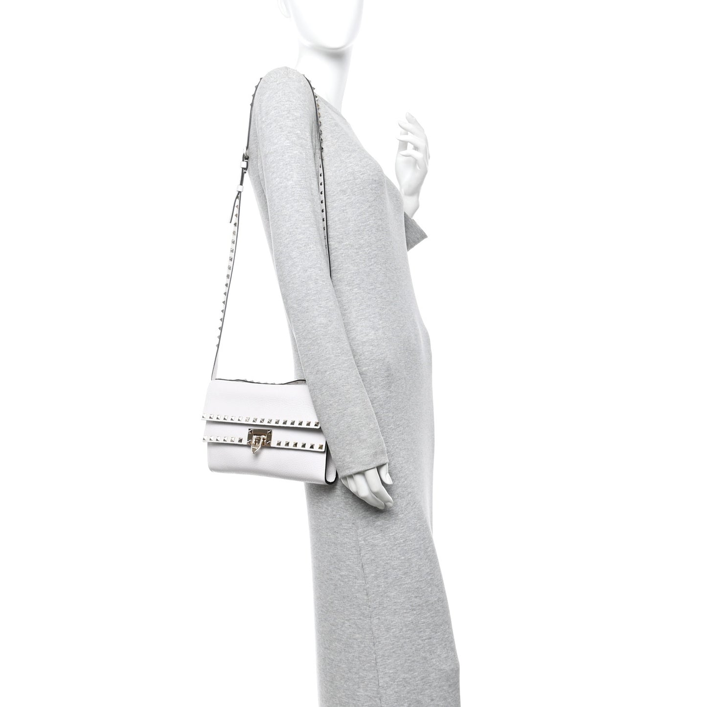 Grainy Calfskin Rockstud Double Flap Crossbody Bag Ivory